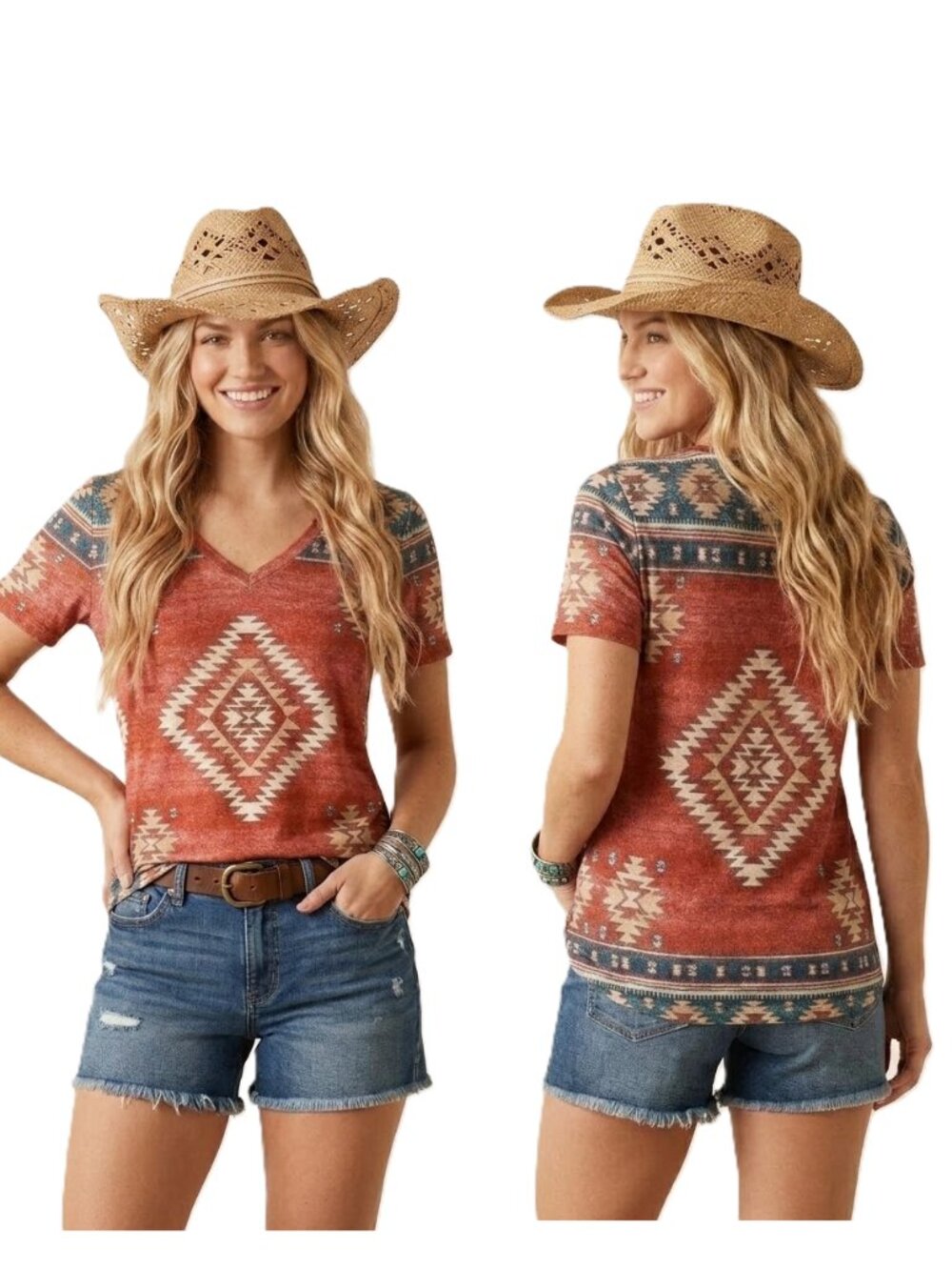 Women's Plus Southwestern Tribal Aztec V-Neck Tee Shirt - 2XL